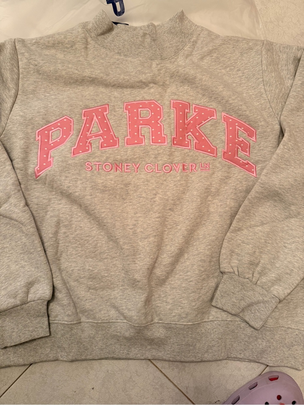 Parke and Stoney clover lane collaboration pink dots letters mockneck gray